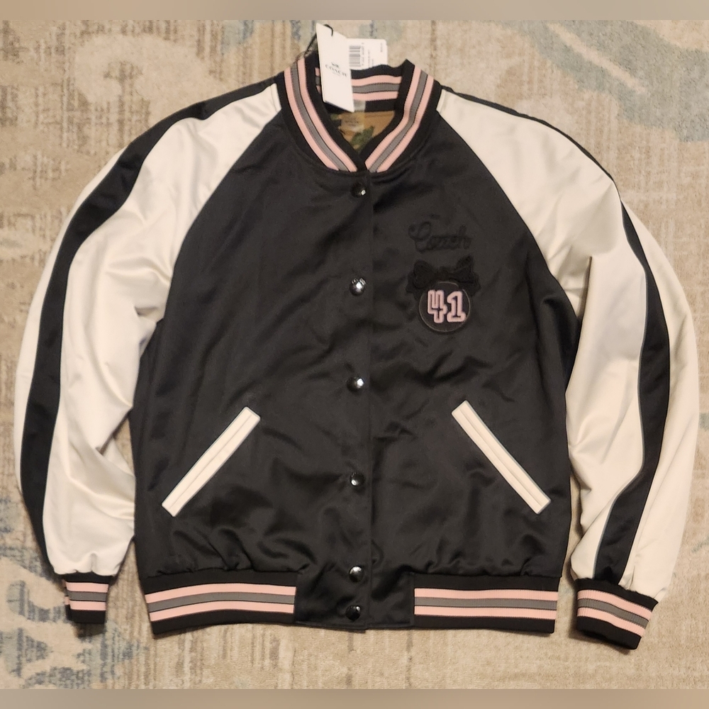 Coach Camo Rose Reversible Varsity Jacket. Black/Ivory/Green. Size L. NWT.